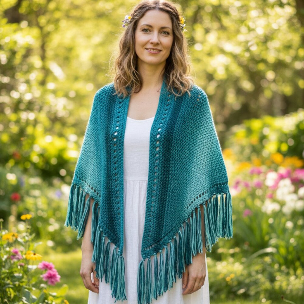 NEW Teal Blue Ombre Hand Knitted Shawl Wrap Scarf Boho Hippie Indie Artsy Fairy